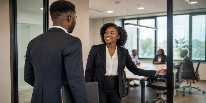 Fresh graduate attending a job interview in a modern office.