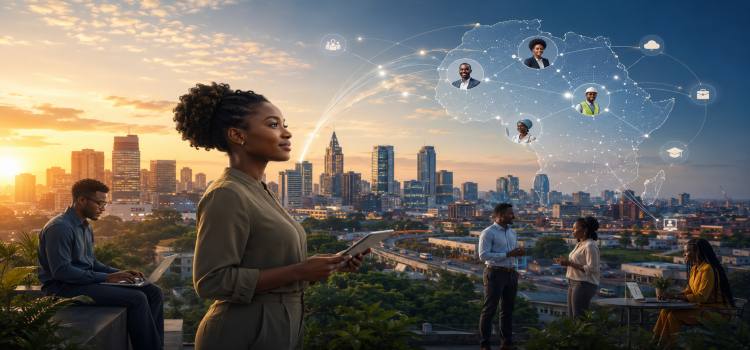 Professionals across Africa connected through digital technologies illustrating the future of hiring and workforce transformation.