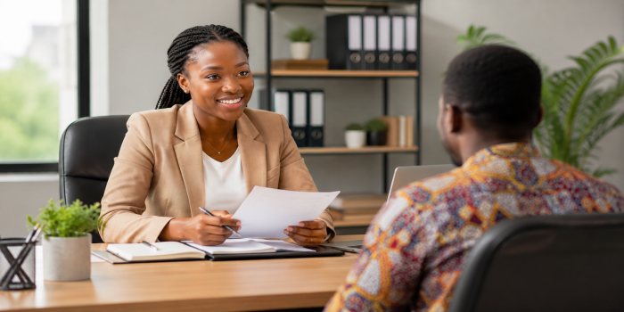 HR professional interviewing a candidate in a corporate office.