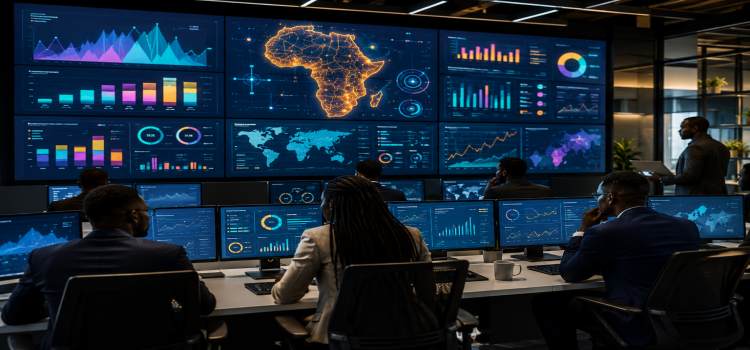 Modern recruitment intelligence center displaying workforce analytics and hiring trends across Africa.