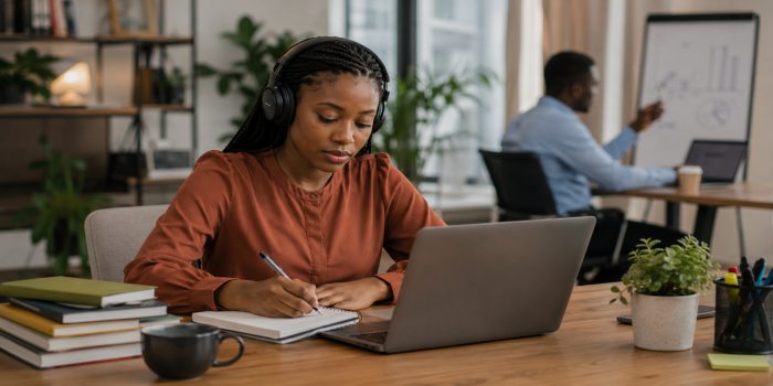 Professional developing new workplace skills through continuous learning