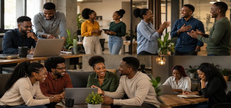 Employees mentoring, collaborating, and supporting each other at work.