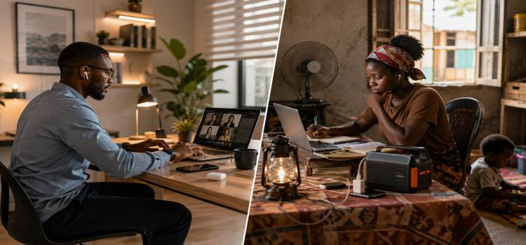 Split-scene showing professionals working remotely in different environments while adapting to workplace challenges.
