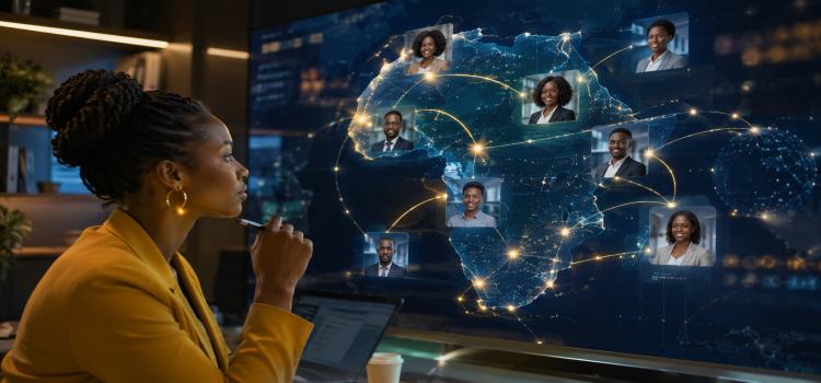 Hiring manager reviewing a digital talent network connecting professionals across multiple African industries.