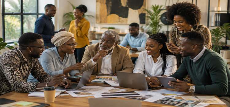 Diverse African professionals collaborating on workplace ideas
