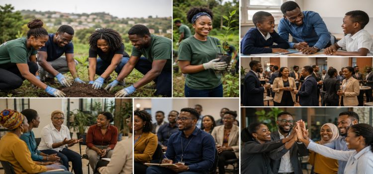 Employees volunteering, mentoring, and engaging with the community.