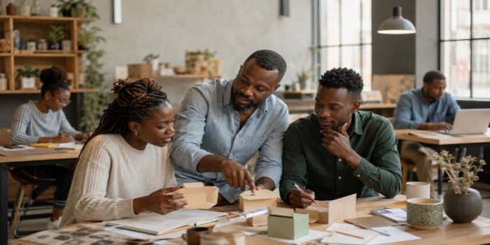 African business leader working closely with a small professional team
