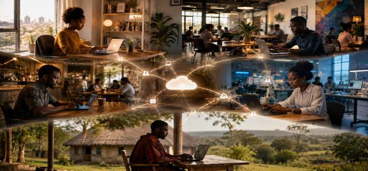 Connected remote work environments including home offices, cafés, innovation labs, and rural digital workspaces.