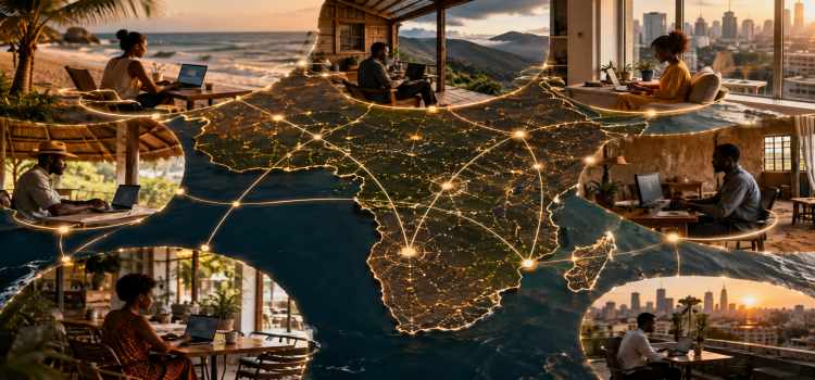 Professionals working remotely from diverse locations across Africa connected through digital collaboration technology.