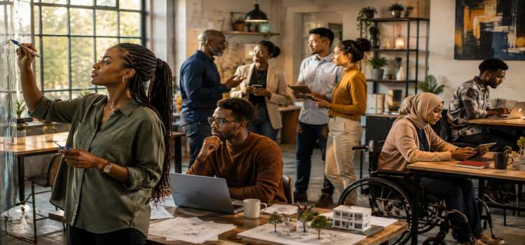Professionals connecting through mentorship and industry networking