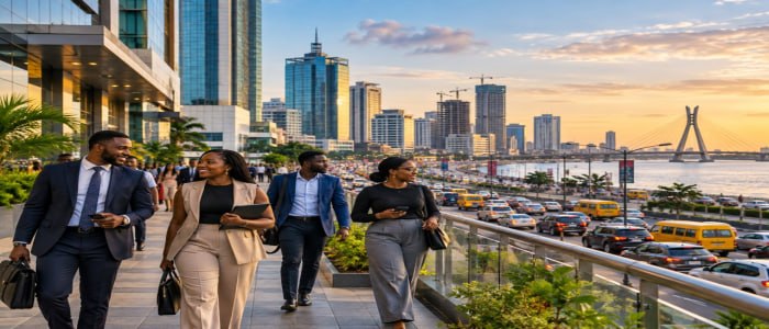 Professionals walking through Lagos business district