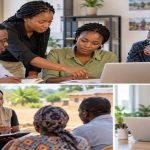 Ghanaian NGO professionals collaborating on community development projects in an office.