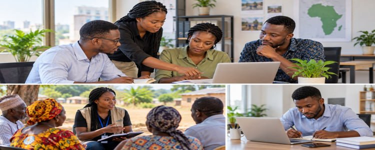 Ghanaian NGO professionals collaborating on community development projects in an office.